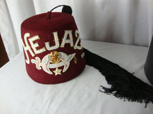 Load image into Gallery viewer, Vintage Hejaz Shriners Jeweled Several Pins Fez 6 3/4 Hat Size with Hatbox
