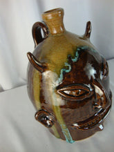 Load image into Gallery viewer, Marvin Bailey Folk Art Potter Brown Tan Blue 9 Inch Devil Ugly Face Jug
