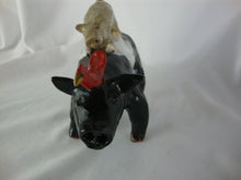 Load image into Gallery viewer, Lynn Bailey Folk Art Pottery Black White Bull Tan Pig on Back Cardinal on Neck 5 Inch Figurine
