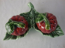 Load image into Gallery viewer, Vintage Bordallo Pinheiro Majolica Tomatoes in Leaf Holder Salt Pepper Shaker Set
