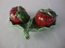 Load image into Gallery viewer, Vintage Bordallo Pinheiro Majolica Tomatoes in Leaf Holder Salt Pepper Shaker Set
