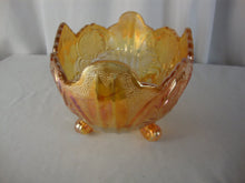 Load image into Gallery viewer, Vintage Jeanette Lombardi Marigold Carnival Glass Footed Bowl
