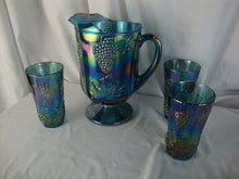 Load image into Gallery viewer, Vintage Indiana Glass Blue Carnival Harvest Grapes Footed Pitcher and (3) Tumbler Glasses

