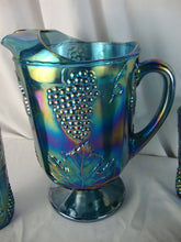 Load image into Gallery viewer, Vintage Indiana Glass Blue Carnival Harvest Grapes Footed Pitcher and (3) Tumbler Glasses
