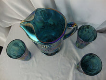 Load image into Gallery viewer, Vintage Indiana Glass Blue Carnival Harvest Grapes Footed Pitcher and (3) Tumbler Glasses
