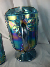 Load image into Gallery viewer, Vintage Indiana Glass Blue Carnival Harvest Grapes Footed Pitcher and (3) Tumbler Glasses
