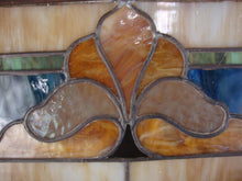 Load image into Gallery viewer, Vintage Stained Glass Blue Cream Green Window Panel in Wood Window Frame
