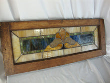 Load image into Gallery viewer, Vintage Stained Glass Blue Cream Green Window Panel in Wood Window Frame
