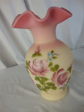 Load image into Gallery viewer, Vintage Fenton Burmese Uranium Handpainted Floral Ruffled Top Vase
