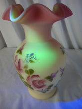 Load image into Gallery viewer, Vintage Fenton Burmese Uranium Handpainted Floral Ruffled Top Vase
