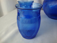 Load image into Gallery viewer, 1930s Hazel Atlas Cobalt Blue Fine Ribbed Ball Pitcher and Four Tumbler Glasses
