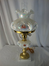Load image into Gallery viewer, Vintage Fenton White Iridescent Handpainted Hearts Flowers Electric Student Lamp with Marble Base
