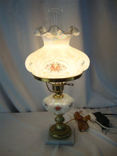 Load image into Gallery viewer, Vintage Fenton White Iridescent Handpainted Hearts Flowers Electric Student Lamp with Marble Base
