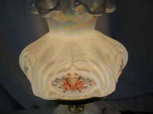 Load image into Gallery viewer, Vintage Fenton White Iridescent Handpainted Hearts Flowers Electric Student Lamp with Marble Base

