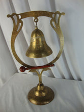 Load image into Gallery viewer, Vintage Etched Brass Dinner Arrival Bell with Brass Etched Stand with Wood Gong
