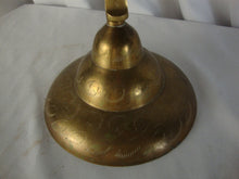 Load image into Gallery viewer, Vintage Etched Brass Dinner Arrival Bell with Brass Etched Stand with Wood Gong
