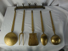 Load image into Gallery viewer, Vintage Brass 5 Piece Kitchen Utensil Set with Brass Wall Mount Hanger
