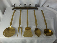 Load image into Gallery viewer, Vintage Brass 5 Piece Kitchen Utensil Set with Brass Wall Mount Hanger
