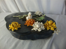 Load image into Gallery viewer, Handmade USA Pottery Footed Shallow Clover Shape Dish with Swan Flower Motif
