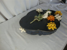 Load image into Gallery viewer, Handmade USA Pottery Footed Shallow Clover Shape Dish with Swan Flower Motif
