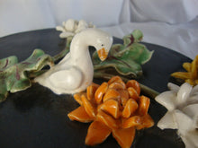Load image into Gallery viewer, Handmade USA Pottery Footed Shallow Clover Shape Dish with Swan Flower Motif
