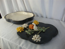 Load image into Gallery viewer, Handmade USA Pottery Footed Shallow Clover Shape Dish with Swan Flower Motif
