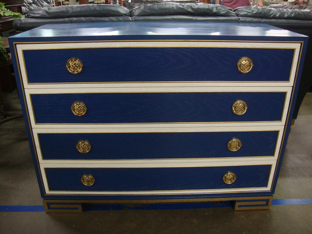 Lillian August Karl Bold Blue Cream with Gold Hardware 4 Drawer Chest – Standpipe Antiques