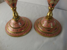 Load image into Gallery viewer, Vintage Pink Floral Cloisonne Brass Candlestick Set of 2

