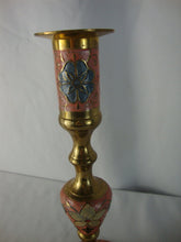 Load image into Gallery viewer, Vintage Pink Floral Cloisonne Brass Candlestick Set of 2
