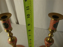 Load image into Gallery viewer, Vintage Pink Floral Cloisonne Brass Candlestick Set of 2
