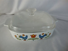 Load image into Gallery viewer, 1975 Country Festival Blue Bird Pyrex 2 Quart Casserole Dish with Clear Glass Lid
