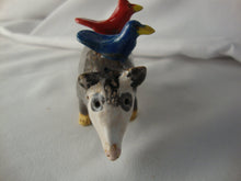 Load image into Gallery viewer, Lynn Bailey Folk Art Potter Gray Opossum with Red and Blue Bird Small Animal Stack Figurine
