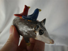 Load image into Gallery viewer, Lynn Bailey Folk Art Potter Gray Opossum with Red and Blue Bird Small Animal Stack Figurine

