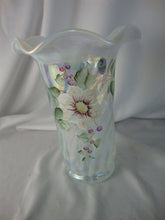 Load image into Gallery viewer, Vintage Fenton Glass White Opal Spiral Handpainted Clematis Vine Numbered Signed Art Glass Vase

