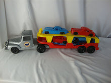 Load image into Gallery viewer, Vintage Thomas Mfg Thomas Express Molded Plastic Toy Car Carrier with Car Hauler with Toy Cars
