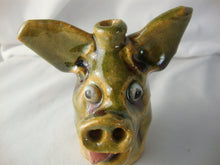 Load image into Gallery viewer, Marvin Bailey Folk Art Potter Tan Green Beady Eye Mini Pig Tongue Out Ugly Face Jug
