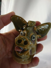 Load image into Gallery viewer, Marvin Bailey Folk Art Potter Tan Green Beady Eye Mini Pig Tongue Out Ugly Face Jug
