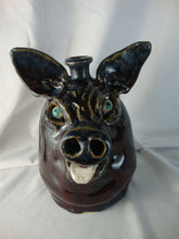 Load image into Gallery viewer, Marvin Bailey Brown Blue with Blue Beady Eye Pig with White Tongue 8" Face Jug
