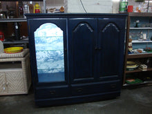 Load image into Gallery viewer, Custom Painted Navy Blue Wood Bar Display Cabinet with Wine Refrigerator and Glass Shelving

