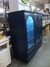 Load image into Gallery viewer, Custom Painted Navy Blue Wood Bar Display Cabinet with Wine Refrigerator and Glass Shelving
