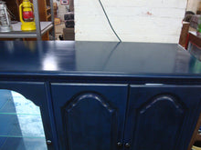 Load image into Gallery viewer, Custom Painted Navy Blue Wood Bar Display Cabinet with Wine Refrigerator and Glass Shelving
