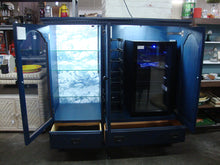 Load image into Gallery viewer, Custom Painted Navy Blue Wood Bar Display Cabinet with Wine Refrigerator and Glass Shelving
