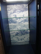 Load image into Gallery viewer, Custom Painted Navy Blue Wood Bar Display Cabinet with Wine Refrigerator and Glass Shelving
