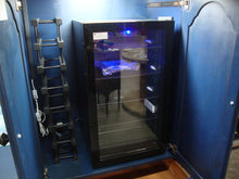 Load image into Gallery viewer, Custom Painted Navy Blue Wood Bar Display Cabinet with Wine Refrigerator and Glass Shelving
