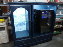 Load image into Gallery viewer, Custom Painted Navy Blue Wood Bar Display Cabinet with Wine Refrigerator and Glass Shelving
