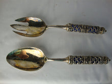 Load image into Gallery viewer, Vintage Godinger Cobalt Blue Glass with Metal Filigree Overlay Serving Spoon and Fork Set
