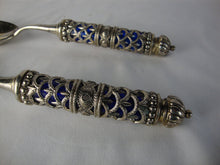 Load image into Gallery viewer, Vintage Godinger Cobalt Blue Glass with Metal Filigree Overlay Serving Spoon and Fork Set
