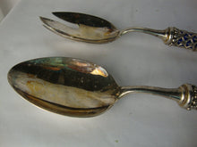 Load image into Gallery viewer, Vintage Godinger Cobalt Blue Glass with Metal Filigree Overlay Serving Spoon and Fork Set
