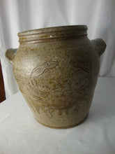 Load image into Gallery viewer, Patton Signed Folk Art Pottery Putty Pottery Crock with Double Handles Blue Crab Outline on Front
