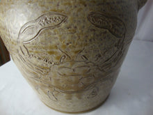 Load image into Gallery viewer, Patton Signed Folk Art Pottery Putty Pottery Crock with Double Handles Blue Crab Outline on Front
